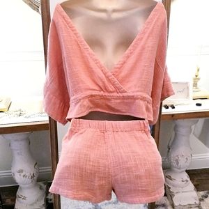 🍑 FREE PEOPLE 2 pc Peach Gauze Tie Deep V-Back Elastic Pull-on Short Set EUC